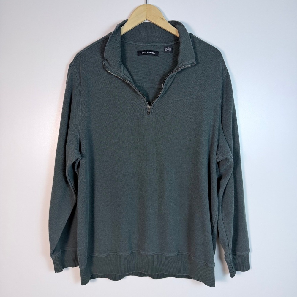 John Henry Mens XXL Green Quarter Zip Sweater Elbow Patches Cotton Blend Knit